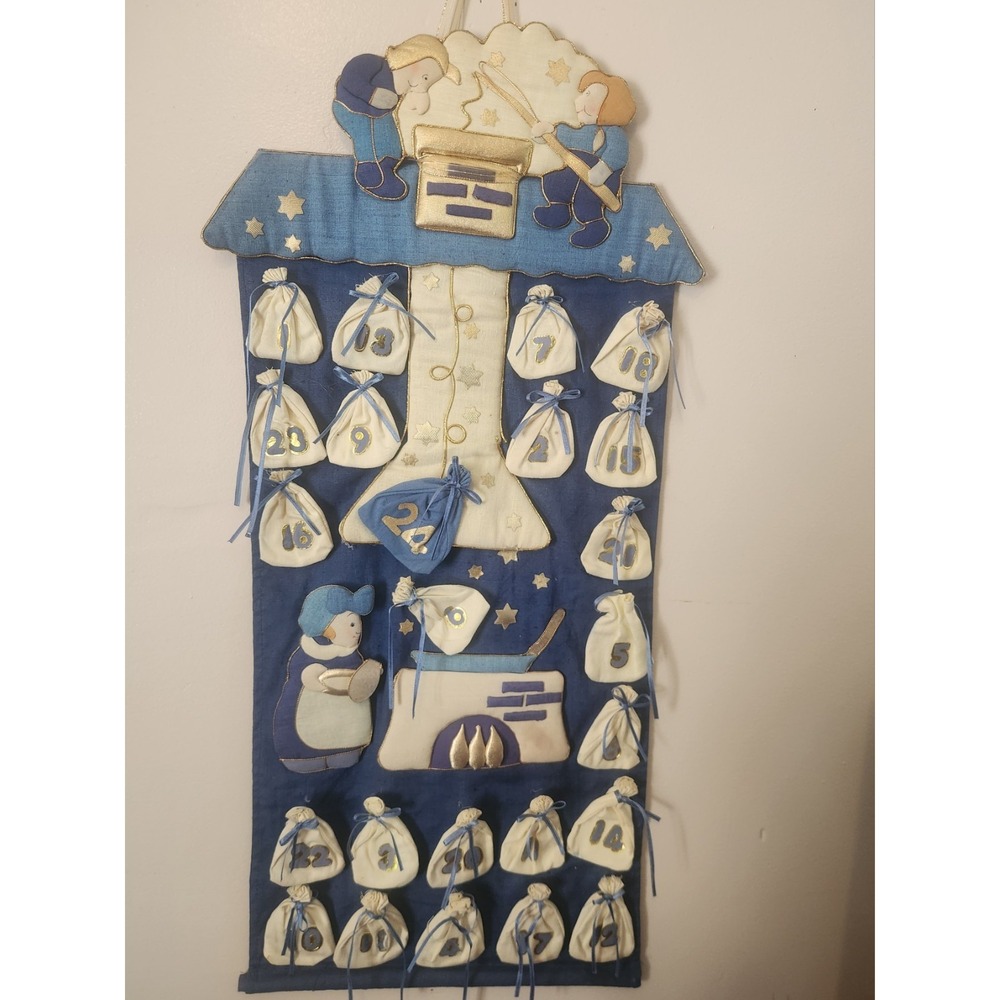 Vintage Fabric Christmas Advent Calendar 24 Bags Angel's‎ Chimney Blue Gold